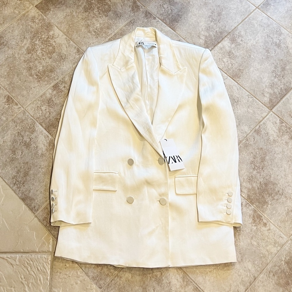 NWT Zara Double Breasted Cream Off White Blazer Jacket Medium Lined Pockets